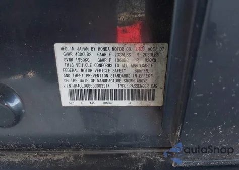 2008 Acura Tsx из США, поврежденный, VIN JH4CL96858C003314